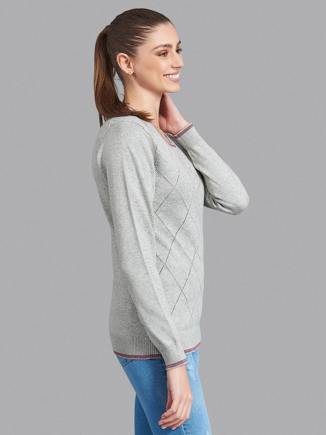 Beverly Hills Polo Club UK-ARGYLE STITCH V-NECK SWEATER HEATHER GREY