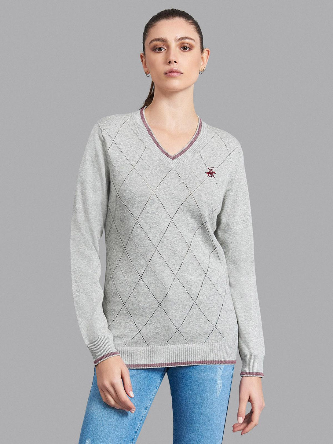 Beverly Hills Polo Club UK-ARGYLE STITCH V-NECK SWEATER HEATHER GREY