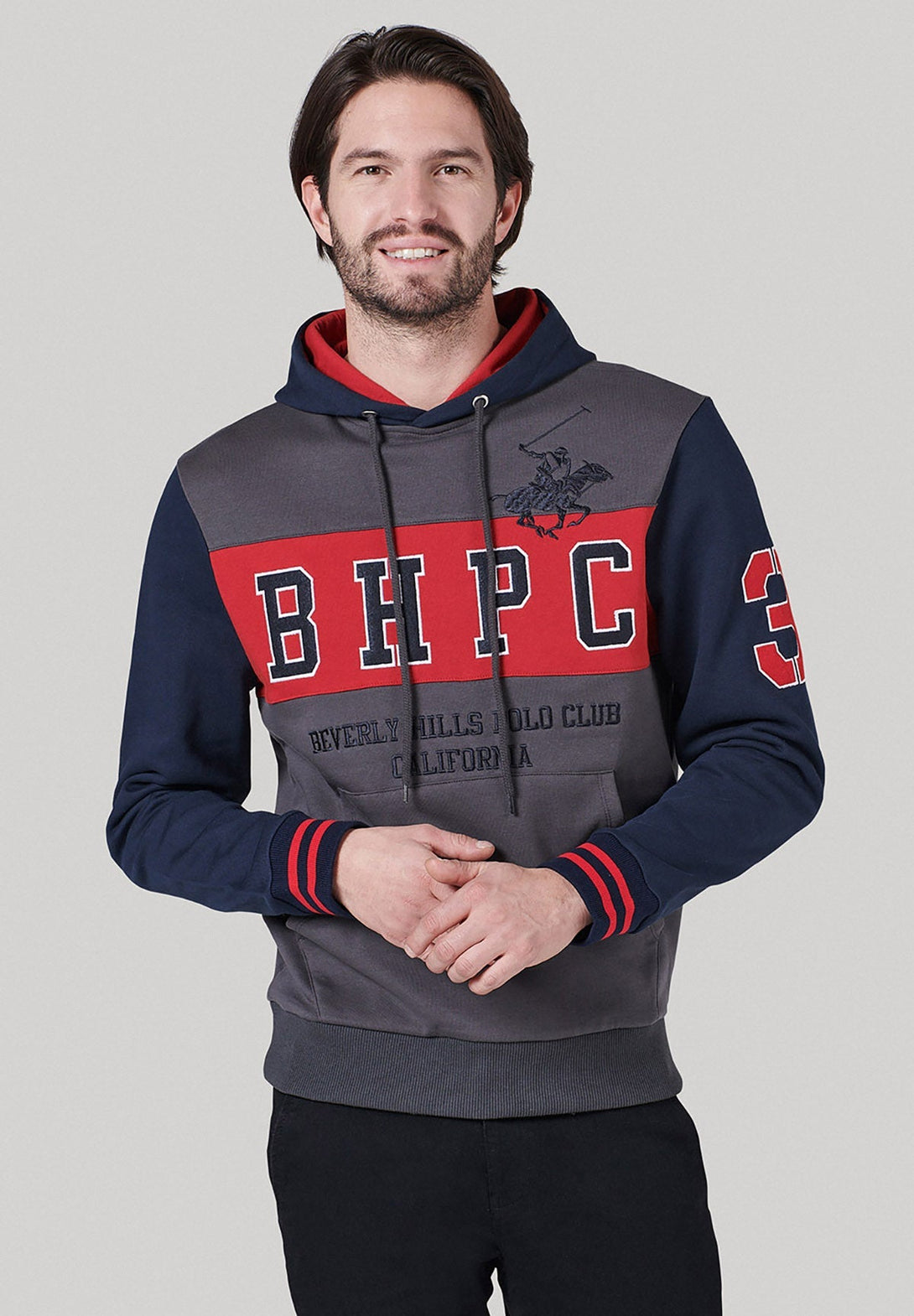 Beverly Hills Polo Club UK-BHPC POLO PONY PANEL HOODIE DARK GREY