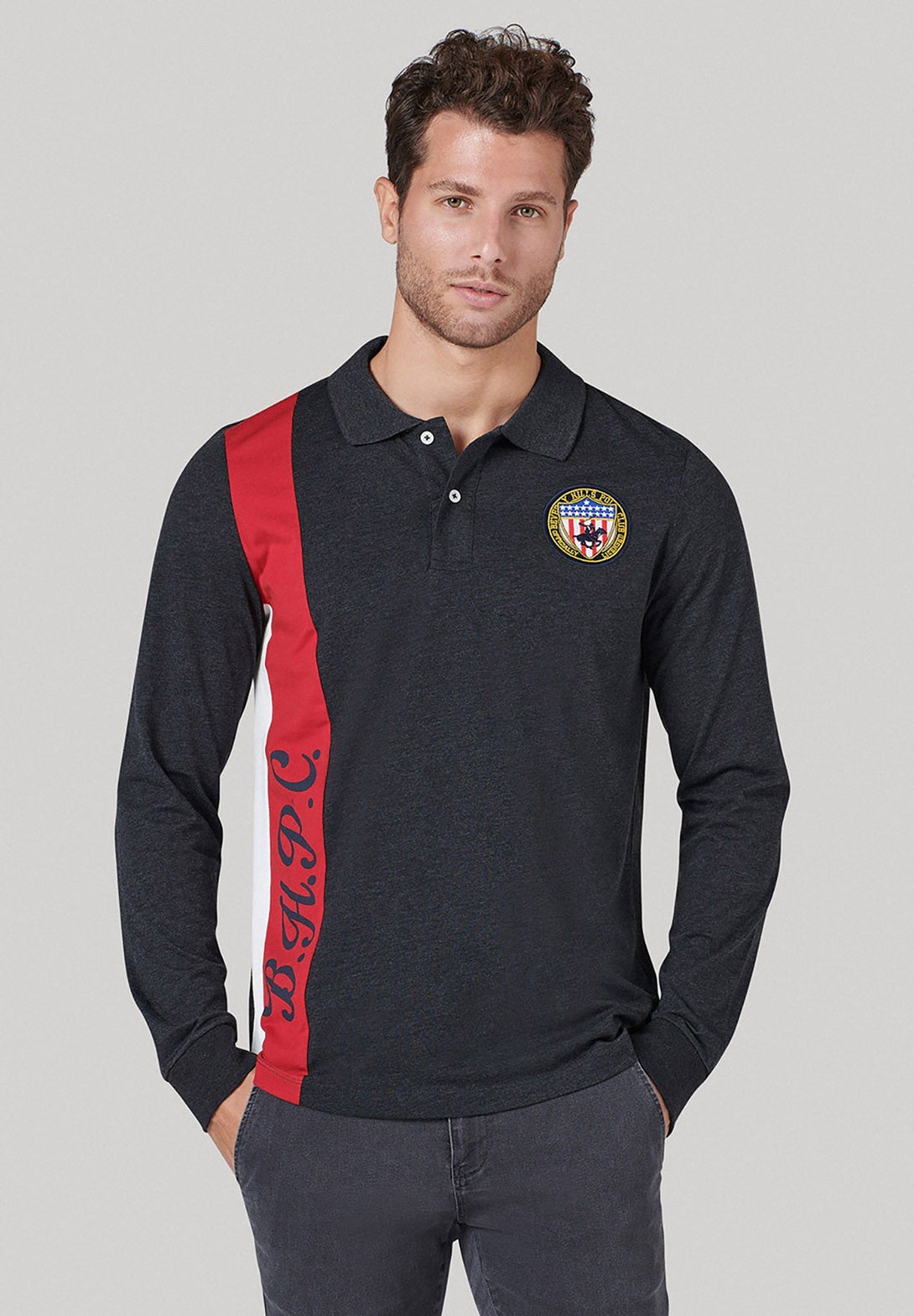 Beverly Hills Polo Club UK-BHPC US SHIELD PATCH LS POLO SHIRT DARK GREY