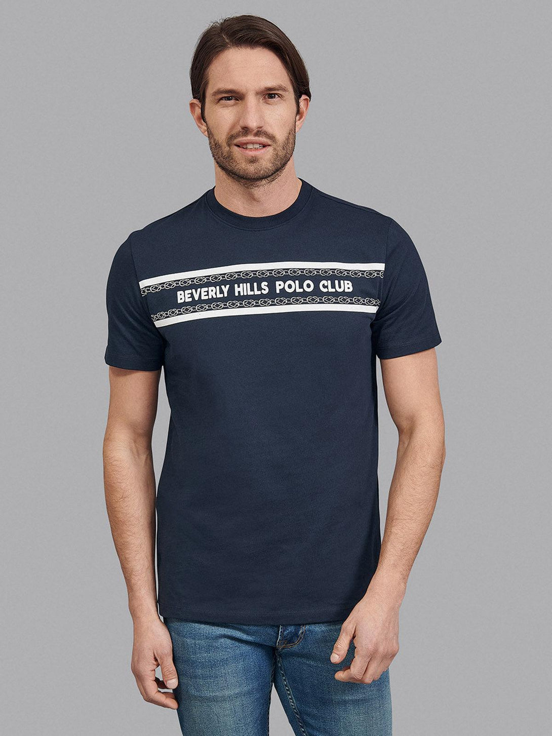 Beverly Hills Polo Club UK-CHAIN LINK STRIPE LOGO T-SHIRT NAVY