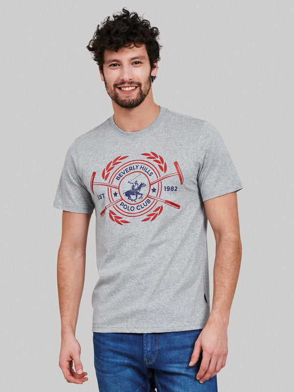 Beverly Hills Polo Club UK-CIRCLE WREATH LOGO T-SHIRT HEATHER GREY