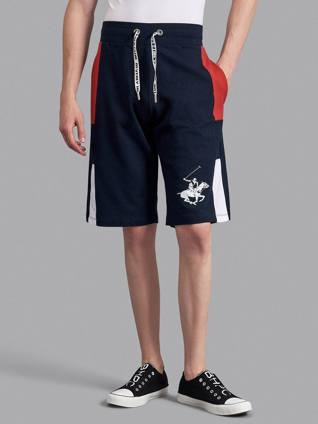 Beverly Hills Polo Club UK-CONTRAST FLAG STRIPE POLO PONY FLEECE SHORTS TRUE NAVY