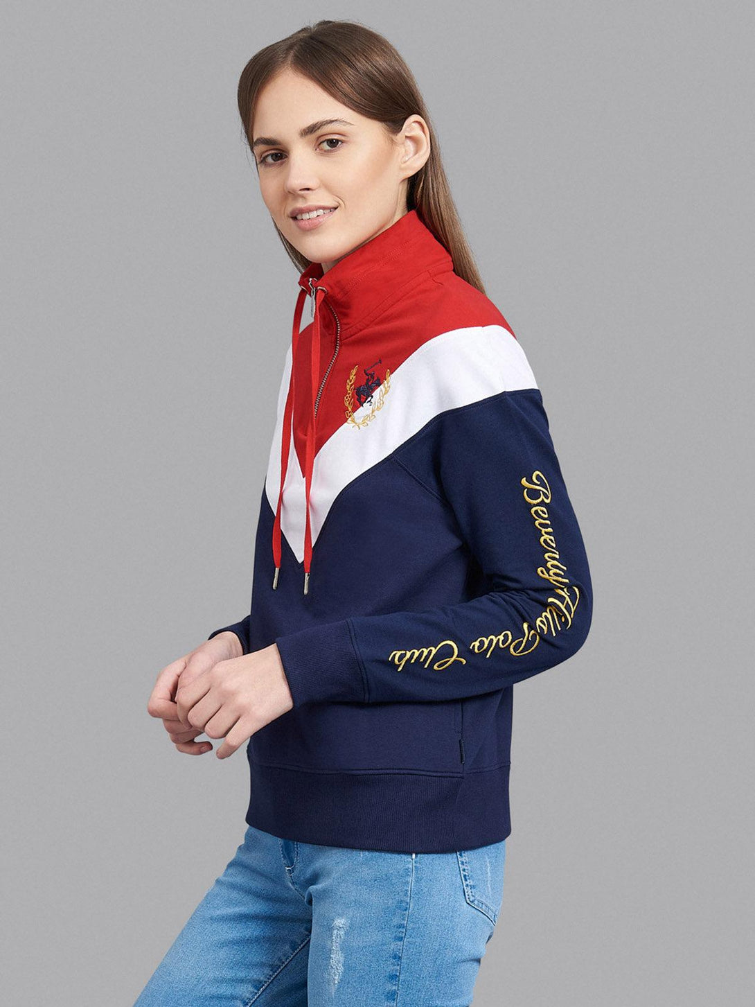 Beverly Hills Polo Club UK-CONTRAST PANEL WREATH LOGO 1/4 ZIP SWEAT TRUE NAVY