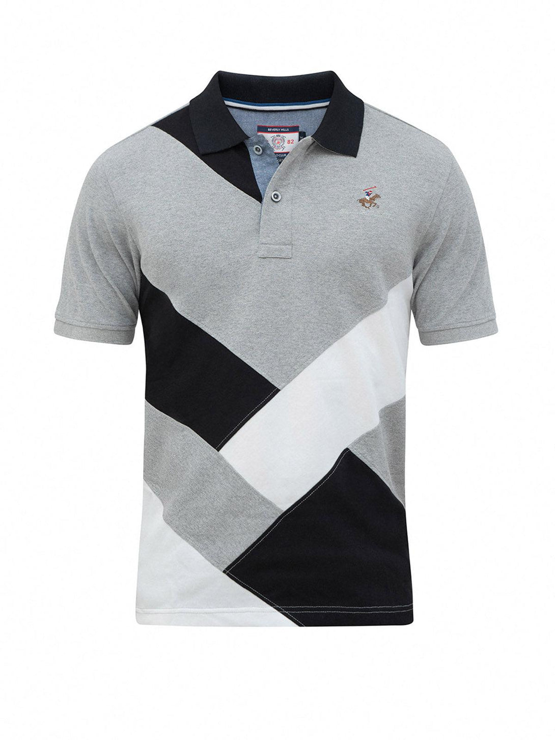 Beverly Hills Polo Club UK-CROSS PANELLED SIGNATURE POLO SHIRT HEATHER GREY