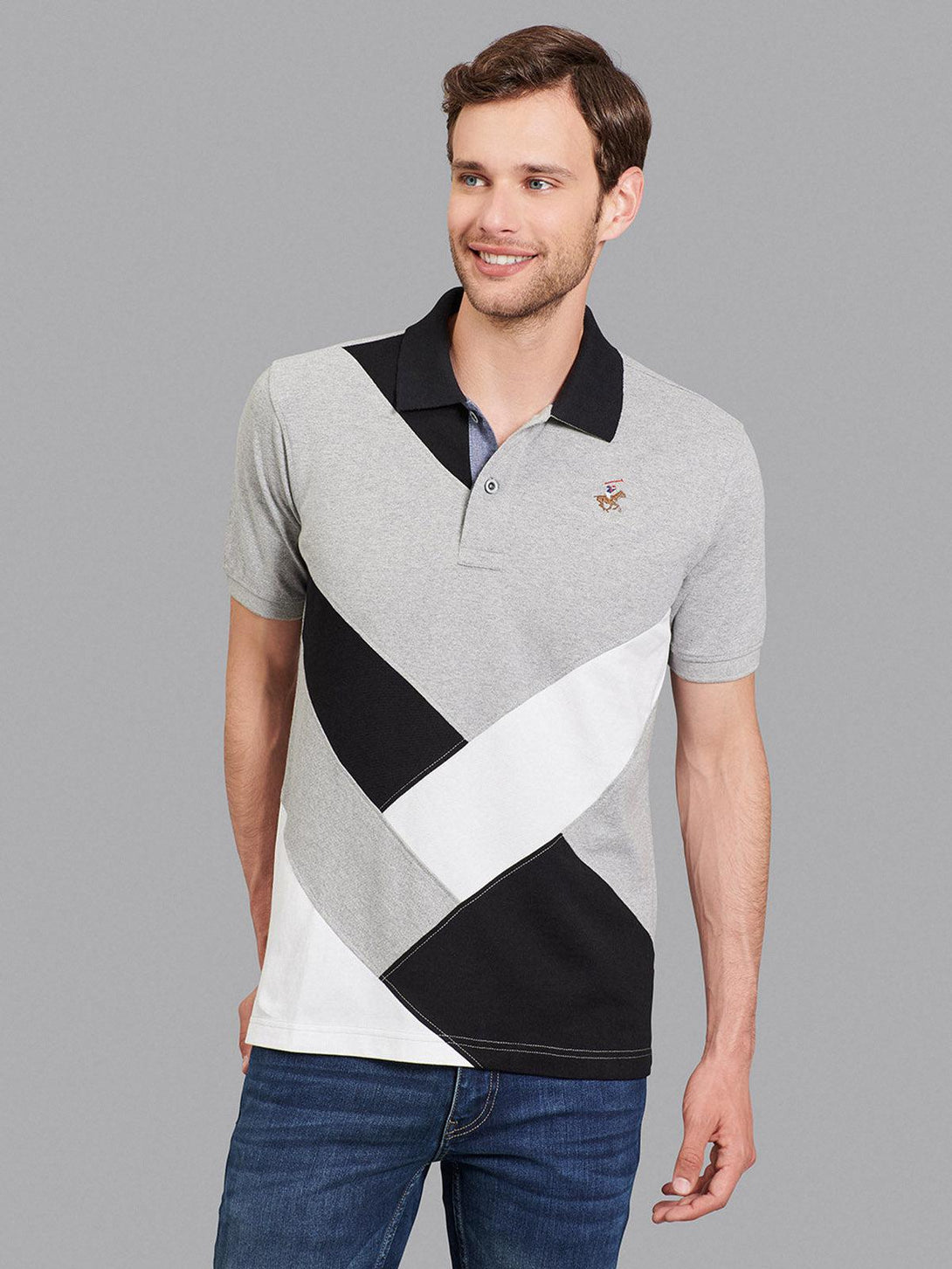 Beverly Hills Polo Club UK-CROSS PANELLED SIGNATURE POLO SHIRT HEATHER GREY