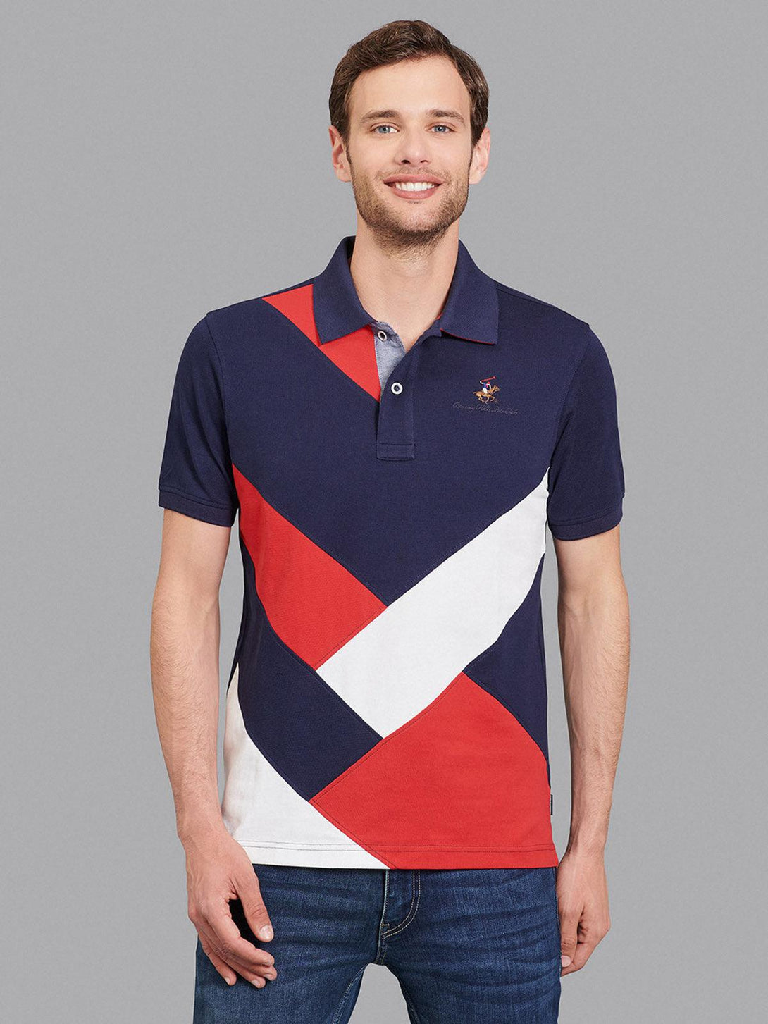 Beverly Hills Polo Club UK-CROSS PANELLED SIGNATURE POLO SHIRT TRUE NAVY