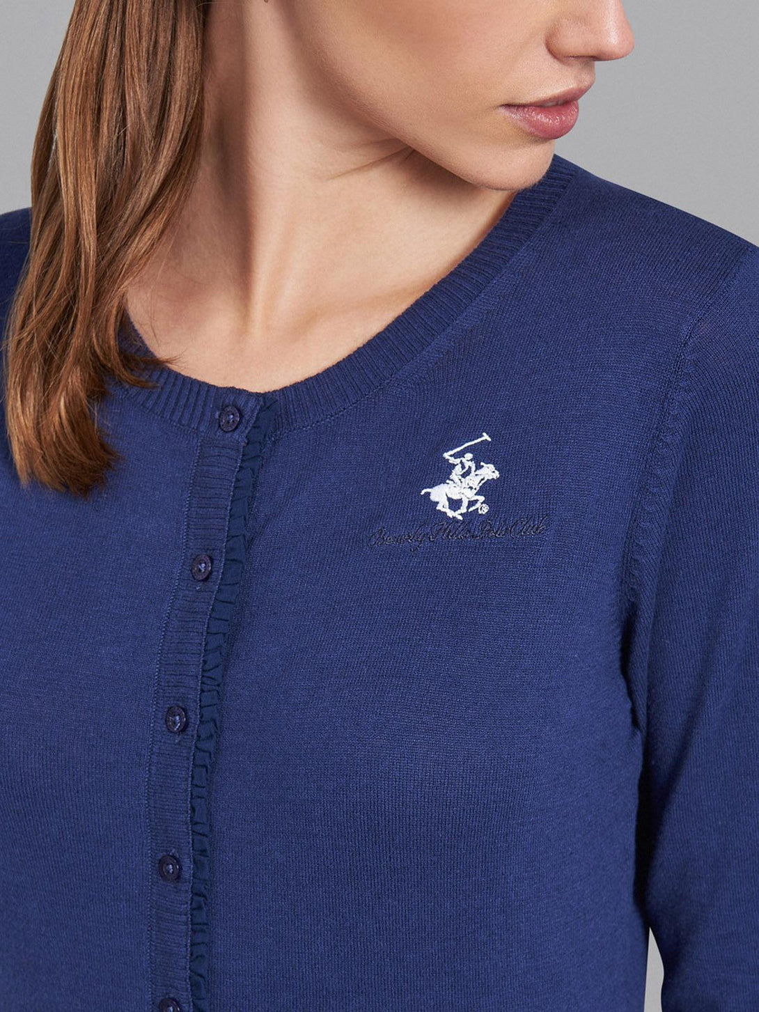 Beverly Hills Polo Club UK-FRILLED BUTTON PLACKET ESSENTIAL LOGO CARDIGAN TRUE NAVY