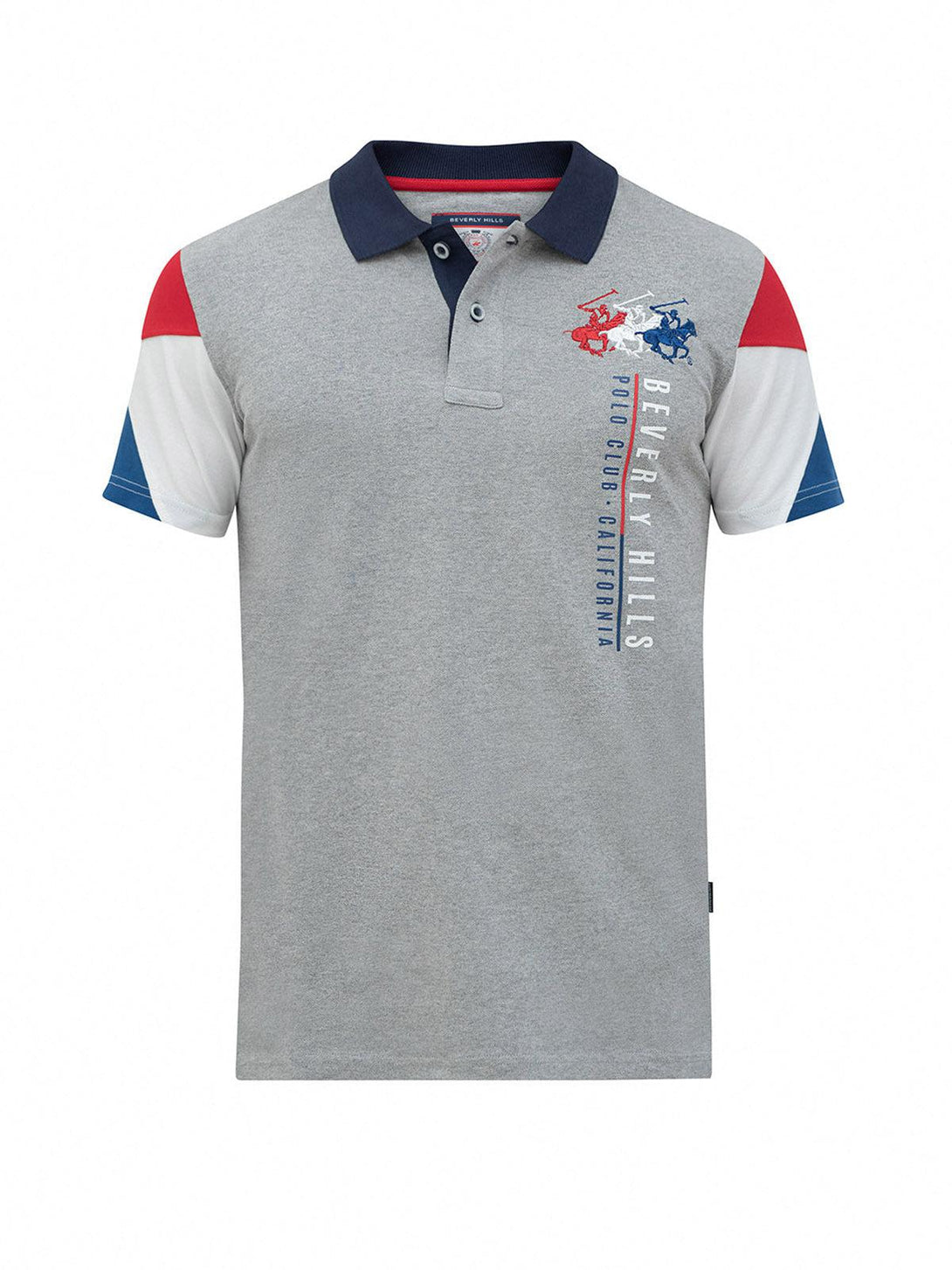 Beverly Hills Polo Club UK-GEOMETRIC TEAM CONTRAST TRIPLE LOGO POLO SHIRT HEATHER GREY