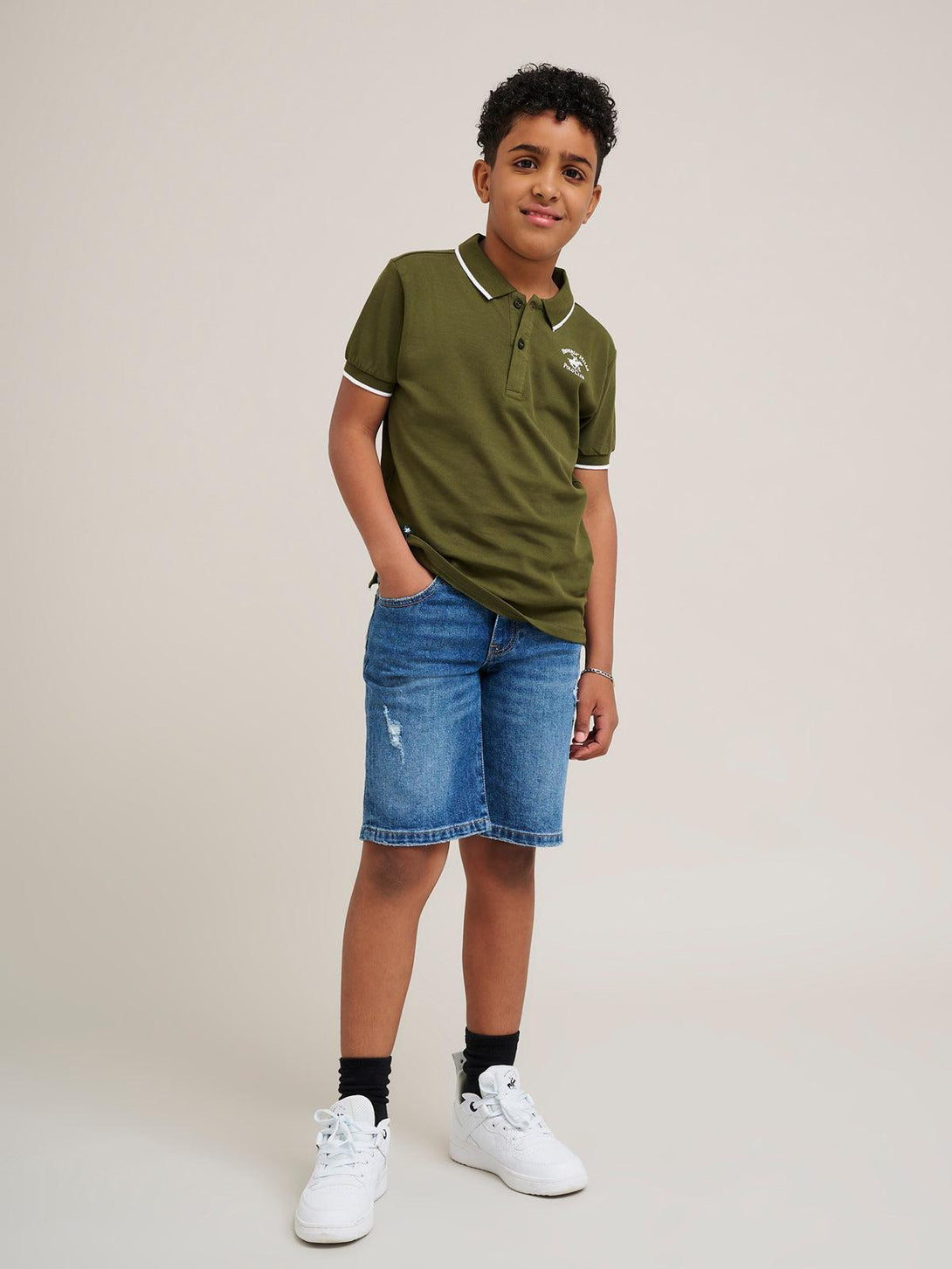 Beverly Hills Polo Club UK-JUNIOR TIPPED POLO PONY POLO SHIRT OLIVE