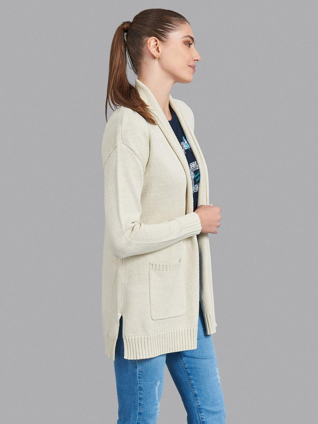 Beverly Hills Polo Club UK-OPEN ROLLED HEM CARDIGAN HEATHER OATMEAL