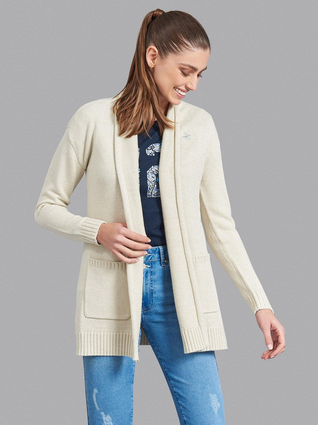 Beverly Hills Polo Club UK-OPEN ROLLED HEM CARDIGAN HEATHER OATMEAL