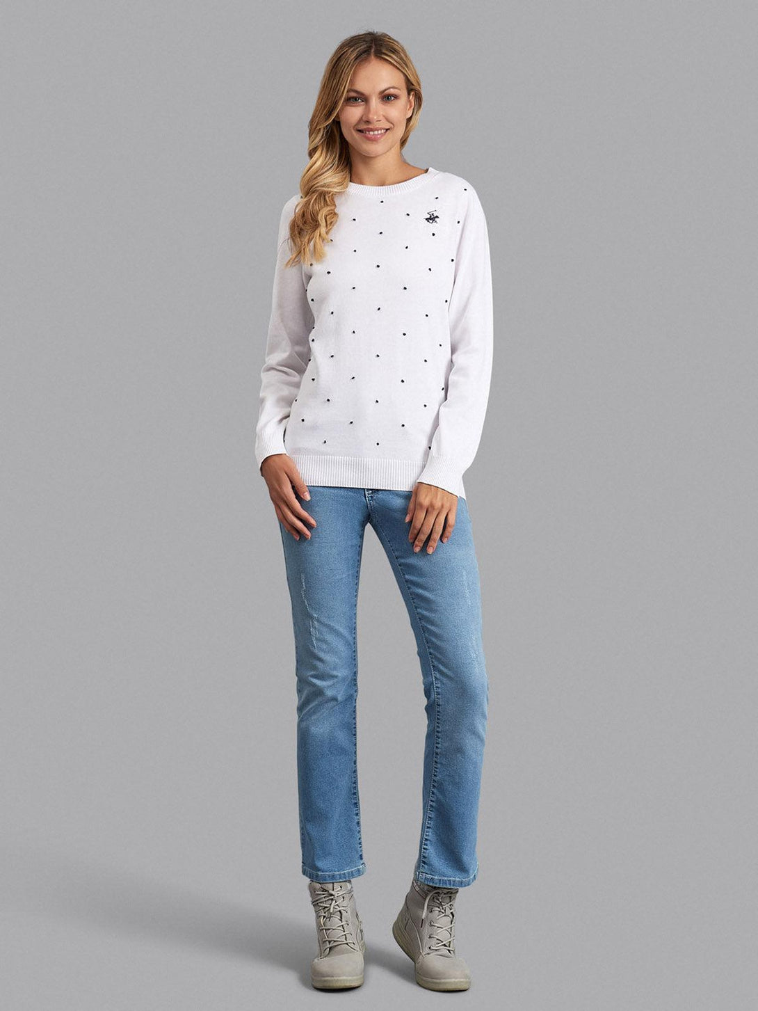 Beverly Hills Polo Club UK-POLKA DOT ESSENTIAL SWEATER WHITE