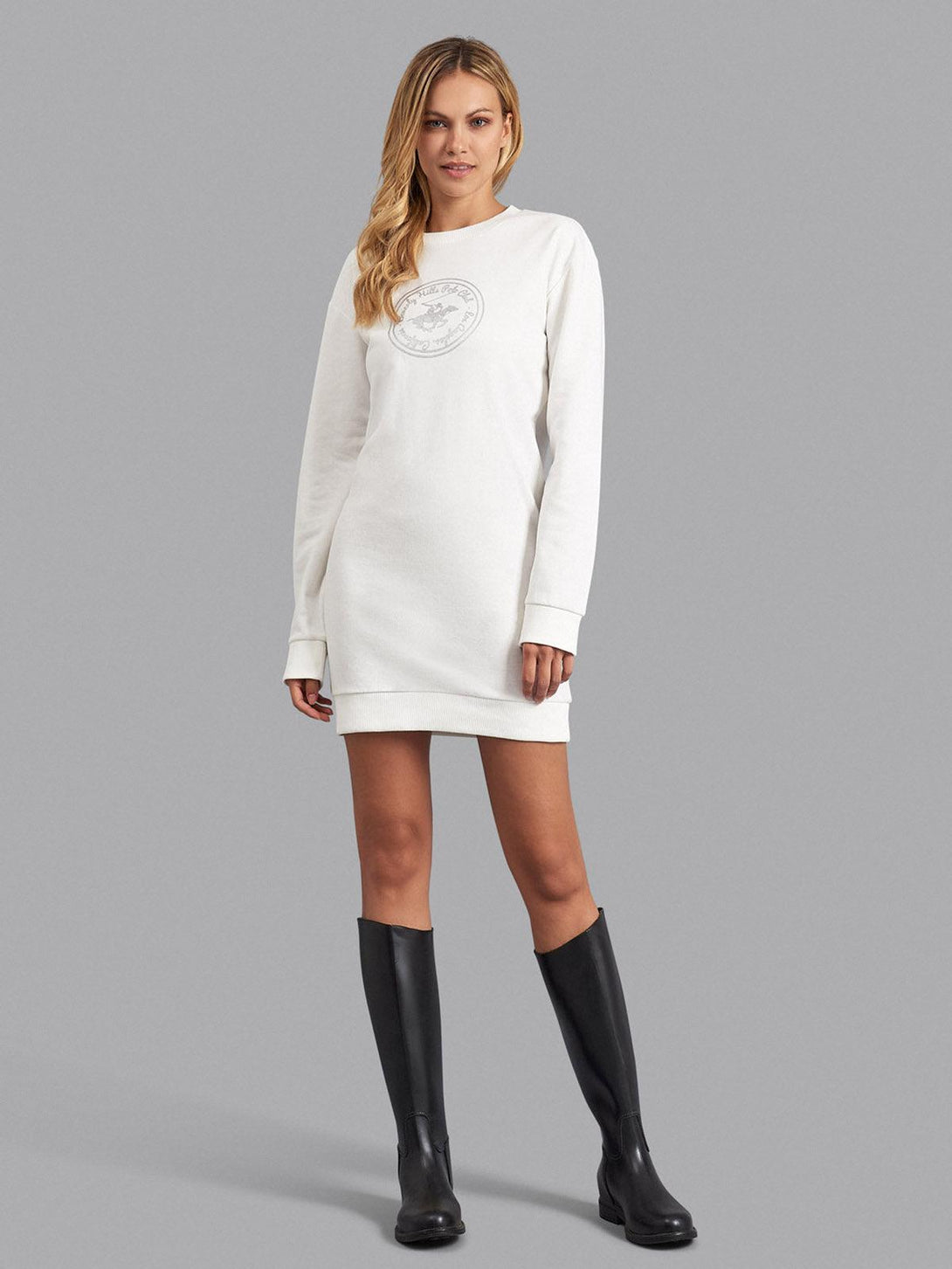 Beverly Hills Polo Club UK-POLO CLUB GRAPHIC SWEATSHIRT MINI DRESS WHITE