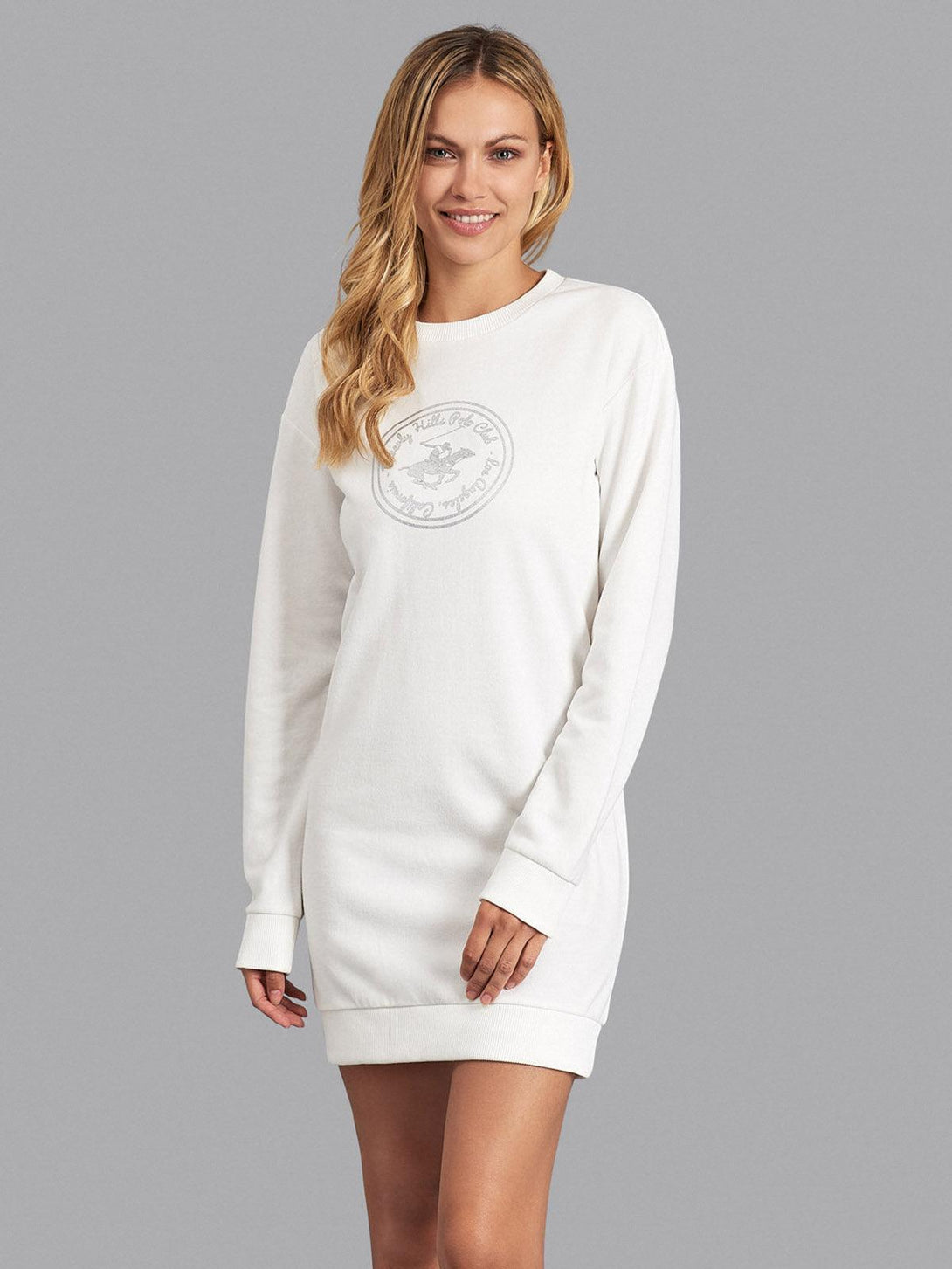 Beverly Hills Polo Club UK-POLO CLUB GRAPHIC SWEATSHIRT MINI DRESS WHITE