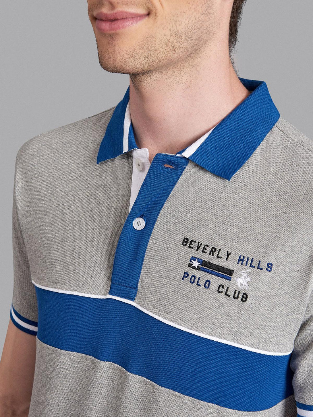 Beverly Hills Polo Club UK-SINCE 82 CONTRAST STRIPE POLO SHIRT HEATHER GREY