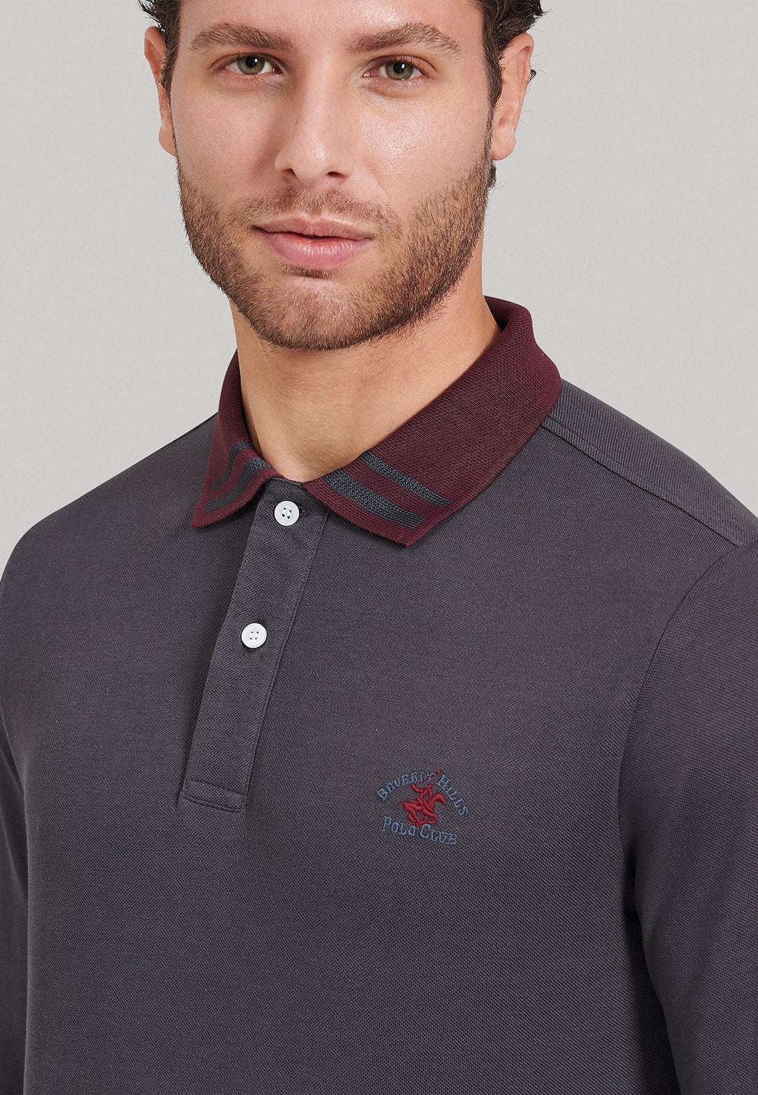 Beverly Hills Polo Club UK-STRIPED CONTRAST COLLAR LS POLO SHIRT LEAD