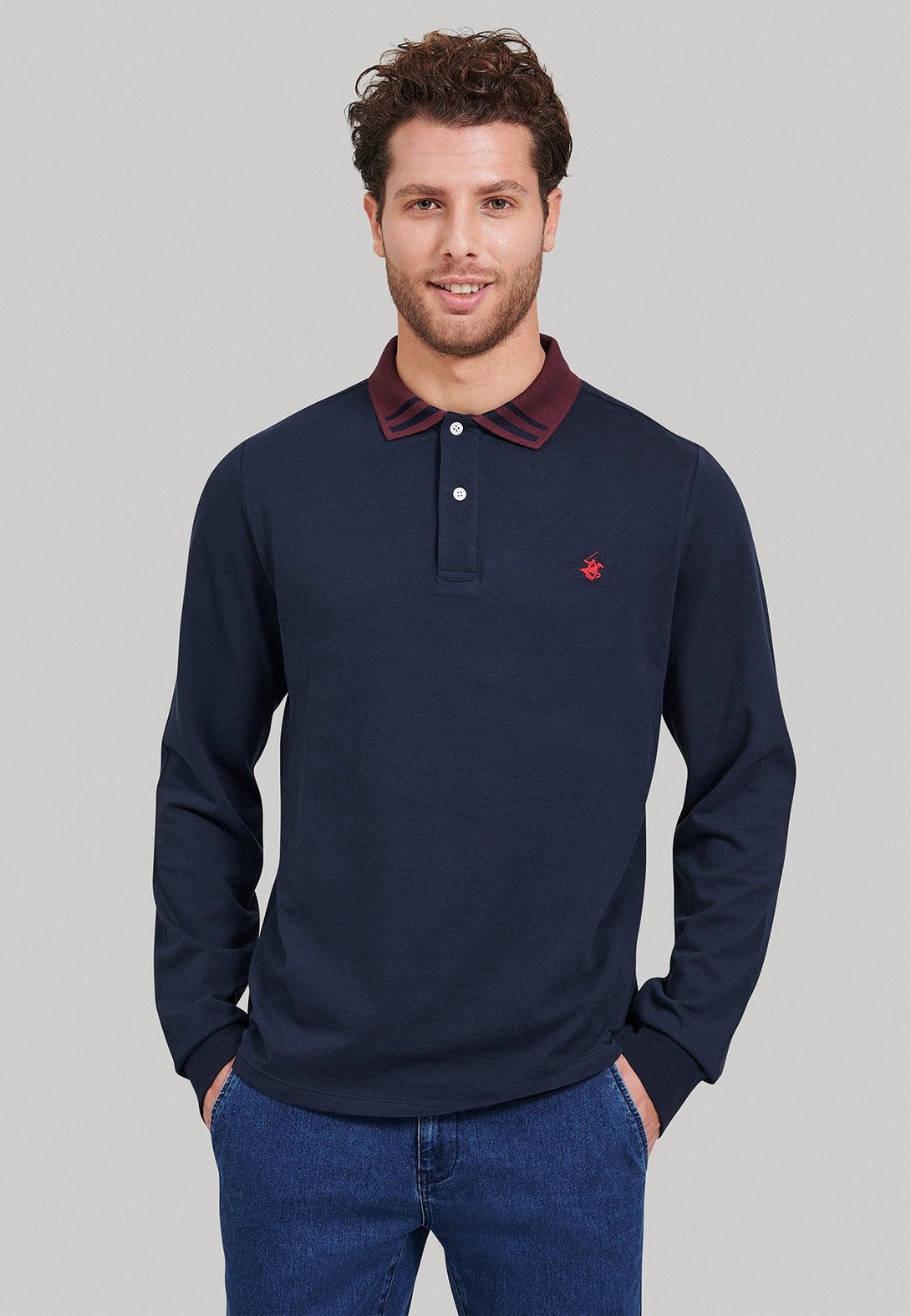 Beverly Hills Polo Club UK-STRIPED CONTRAST COLLAR LS POLO SHIRT NAVY