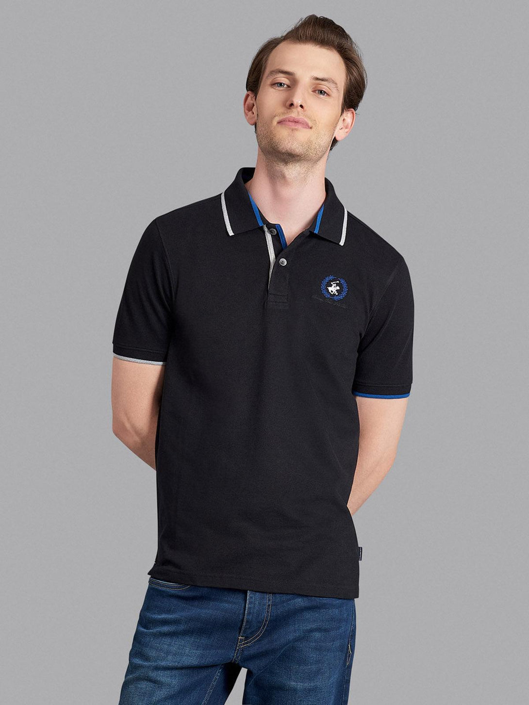 Beverly Hills Polo Club UK-TEAM TIPPED WREATH LOGO POLO SHIRT BLACK