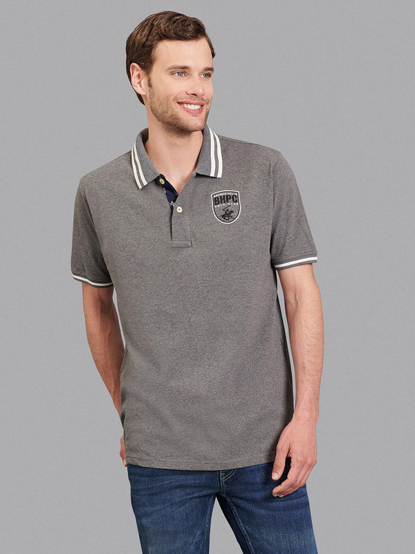 Beverly Hills Polo Club UK-TIPPED BHPC SHIELD BADGE POLO SHIRT HEATHER CHARCOAL