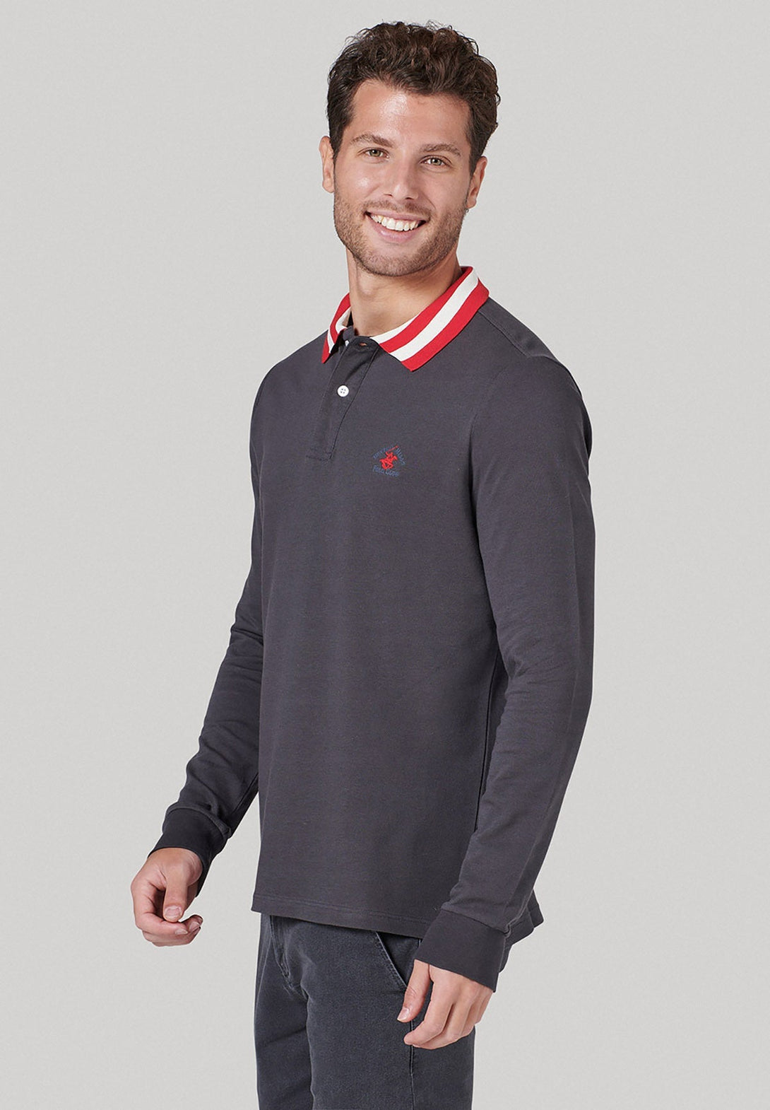 Beverly Hills Polo Club UK-TIPPED COLLAR ESSENTIAL LOGO LS POLO SHIRT LEAD