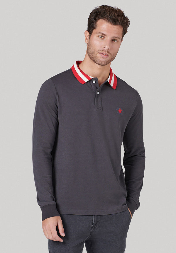 Beverly Hills Polo Club UK-TIPPED COLLAR ESSENTIAL LOGO LS POLO SHIRT LEAD