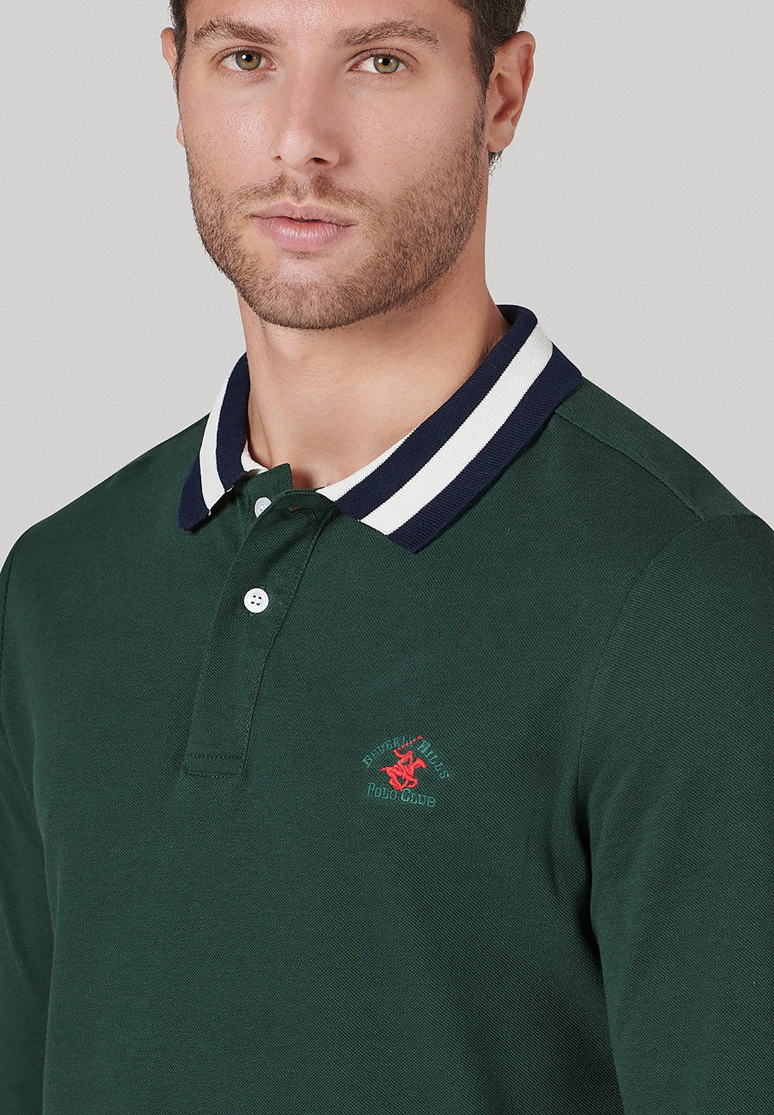 Beverly Hills Polo Club UK-TIPPED COLLAR ESSENTIAL LOGO LS POLO SHIRT MUSK