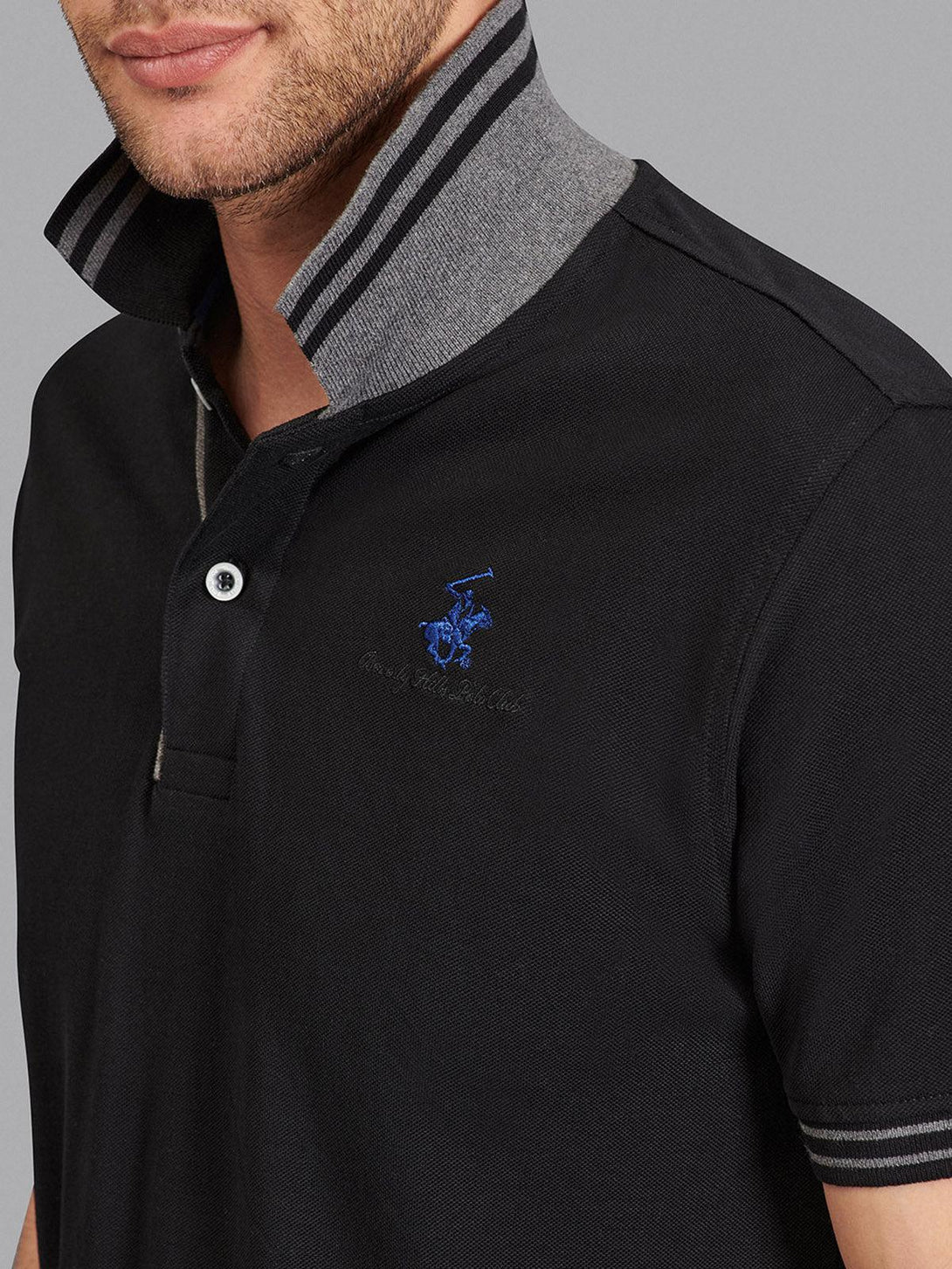 Beverly Hills Polo Club UK-TIPPED SPLIT COLLAR SIGNATURE POLO SHIRT BLACK