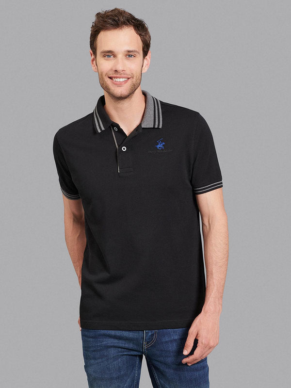 Beverly Hills Polo Club UK-TIPPED SPLIT COLLAR SIGNATURE POLO SHIRT BLACK