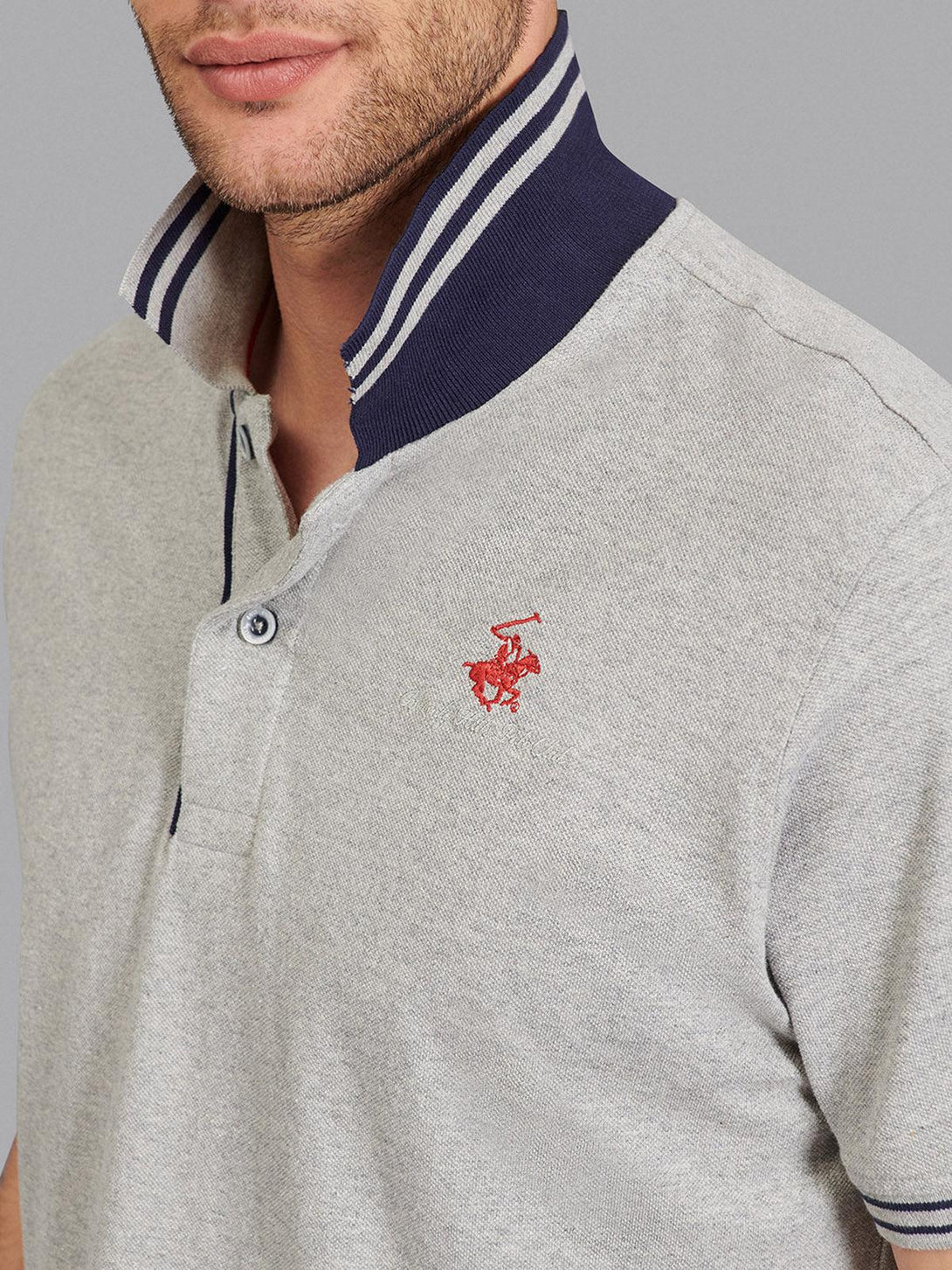 Beverly Hills Polo Club UK-TIPPED SPLIT COLLAR SIGNATURE POLO SHIRT HEATHER GREY