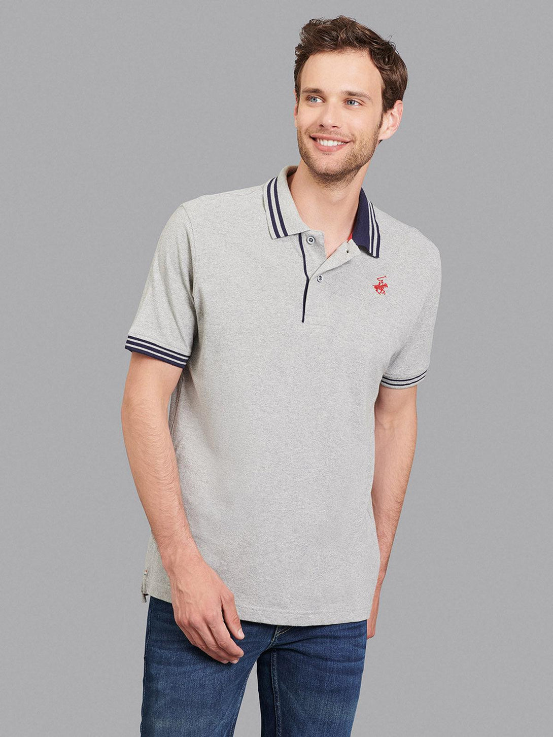 Beverly Hills Polo Club UK-TIPPED SPLIT COLLAR SIGNATURE POLO SHIRT HEATHER GREY