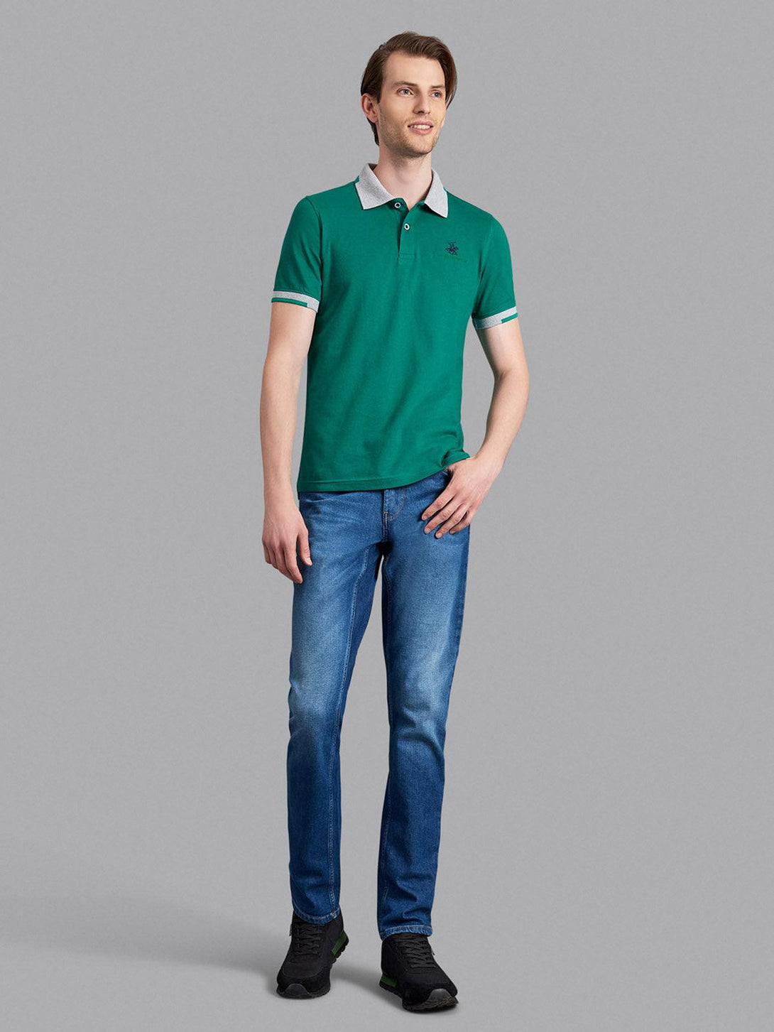 Beverly Hills Polo Club UK-TRIMMED CONTRAST STRETCH COTTON SIGNATURE POLO SHIRT EMERALD