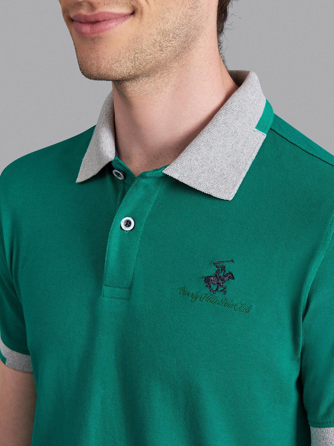 Beverly Hills Polo Club UK-TRIMMED CONTRAST STRETCH COTTON SIGNATURE POLO SHIRT EMERALD