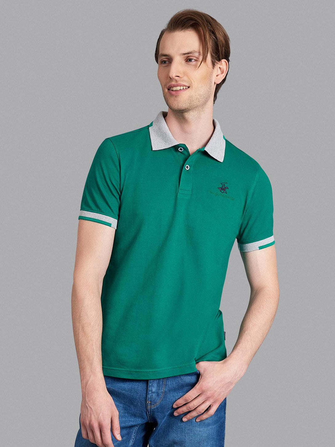 Beverly Hills Polo Club UK-TRIMMED CONTRAST STRETCH COTTON SIGNATURE POLO SHIRT EMERALD