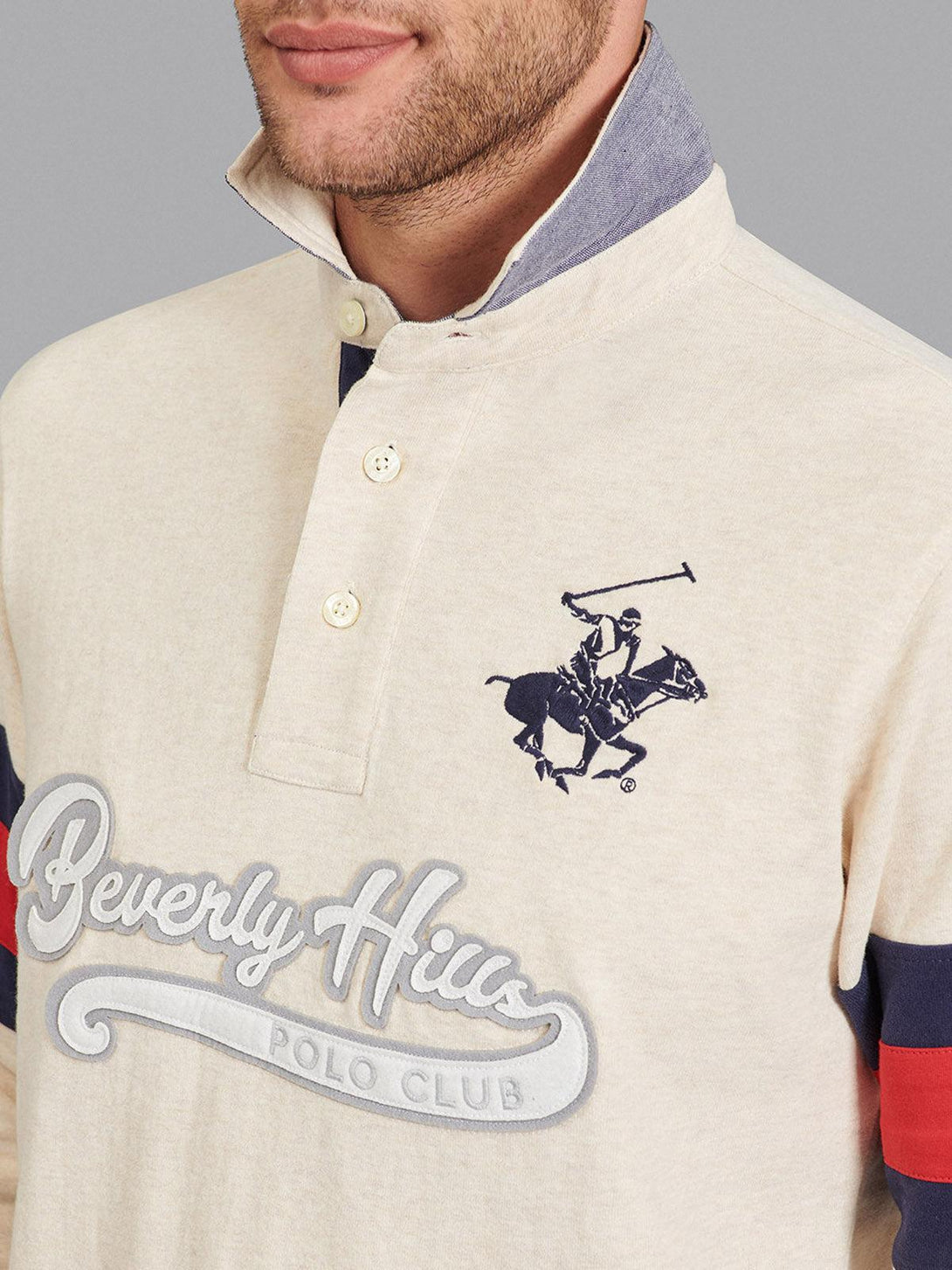 Beverly Hills Polo Club UK-VARSITY SCRIPT STRIPE SLEEVE LS POLO SHIRT HEATHER OATMEAL