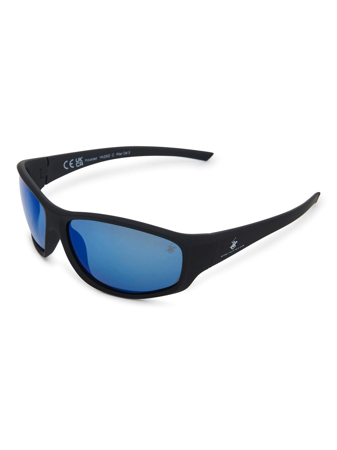 Beverly Hills Polo Club UK-WRAP AROUND POLARISED SUNGLASSES BLACK MIRROR ICE BLUE GREY